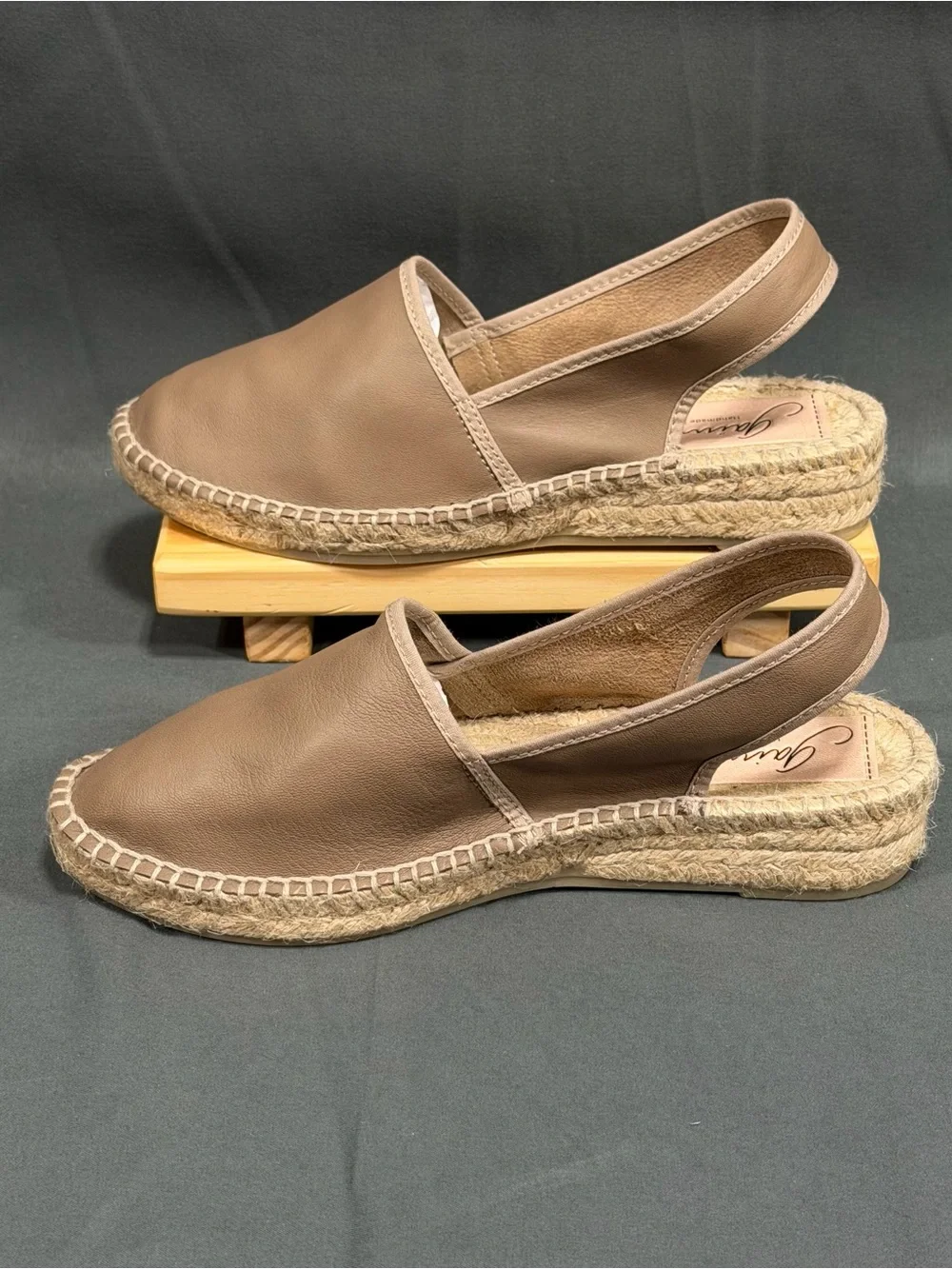 Gaimo Leather Slingback Espadrilles Low Wedge Handmade Spain Taupe EU36 US 5.5 6